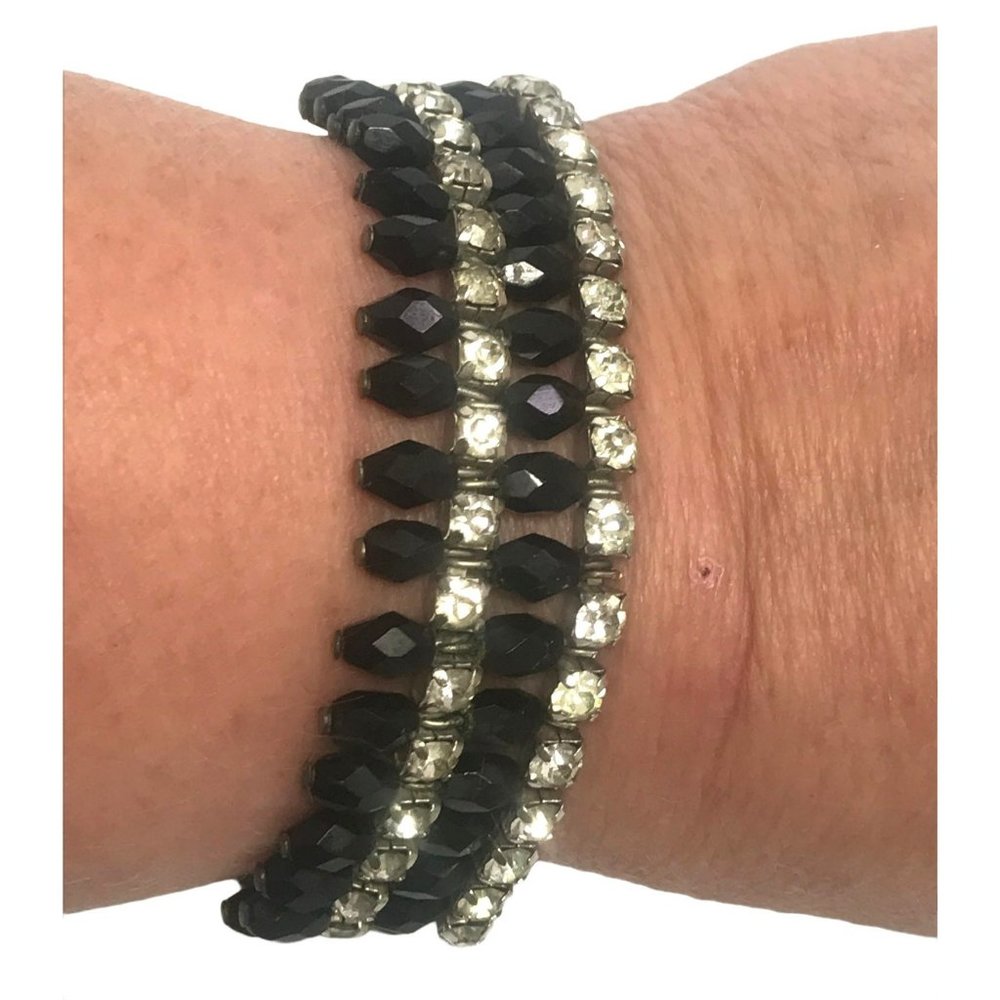 Vintage 4 Row Rhinestone Link and Black Crystal Silver Tone Bracelet